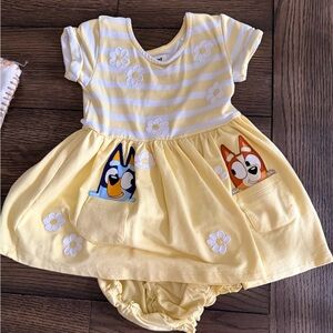 Little Sleepies brand Yellow Stripe Bluey Dress with bloomers, size 12-18 mo